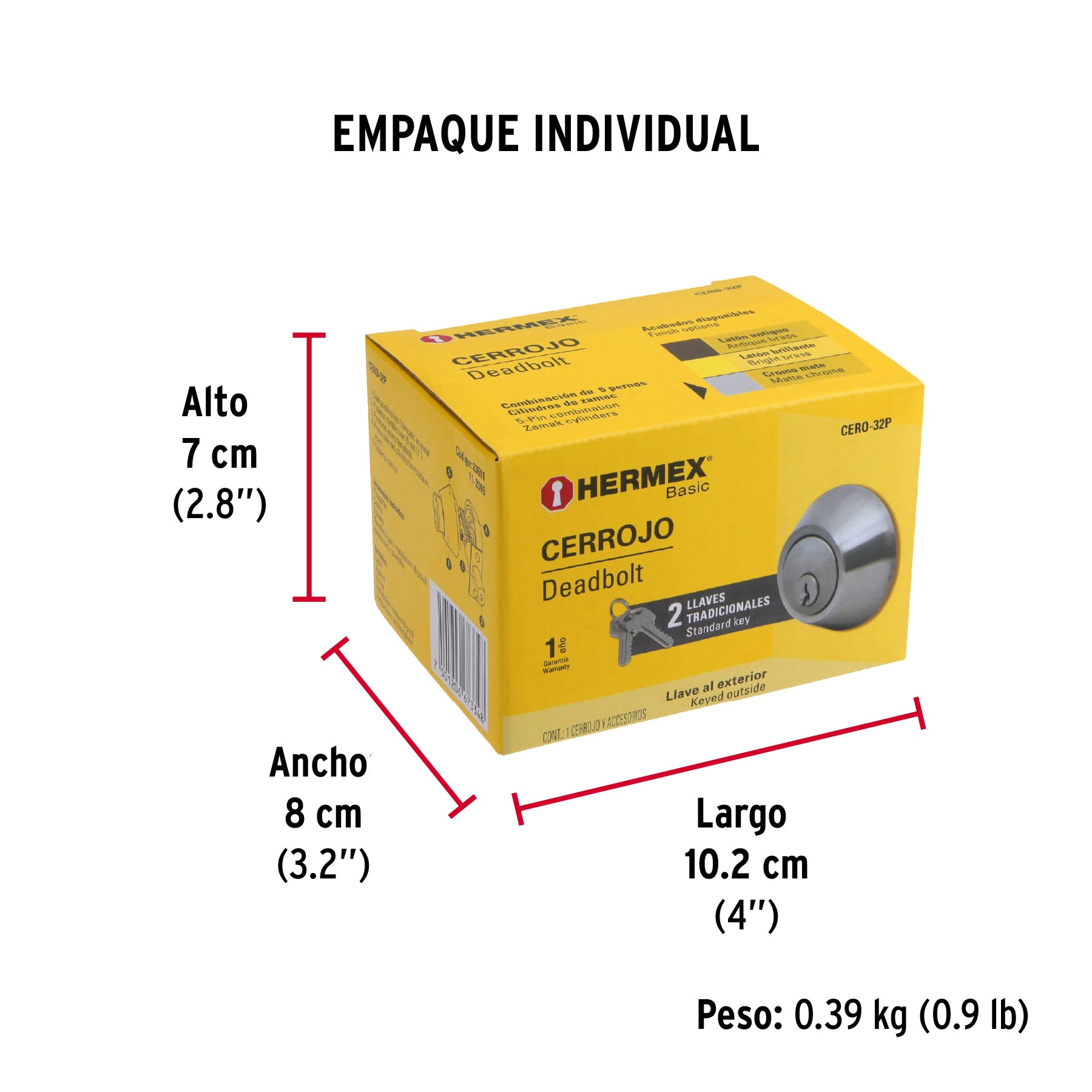 Cerrojo, cromo mate, doble cilindro, Hermex Basic