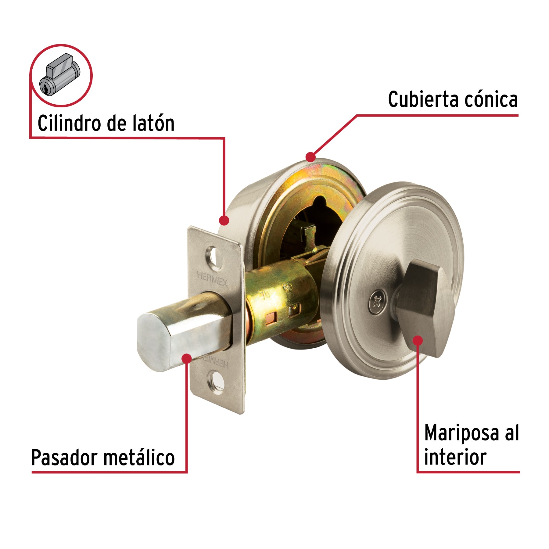 Cerrojo llave-mariposa níquel satin, llave de puntos, HERMEX