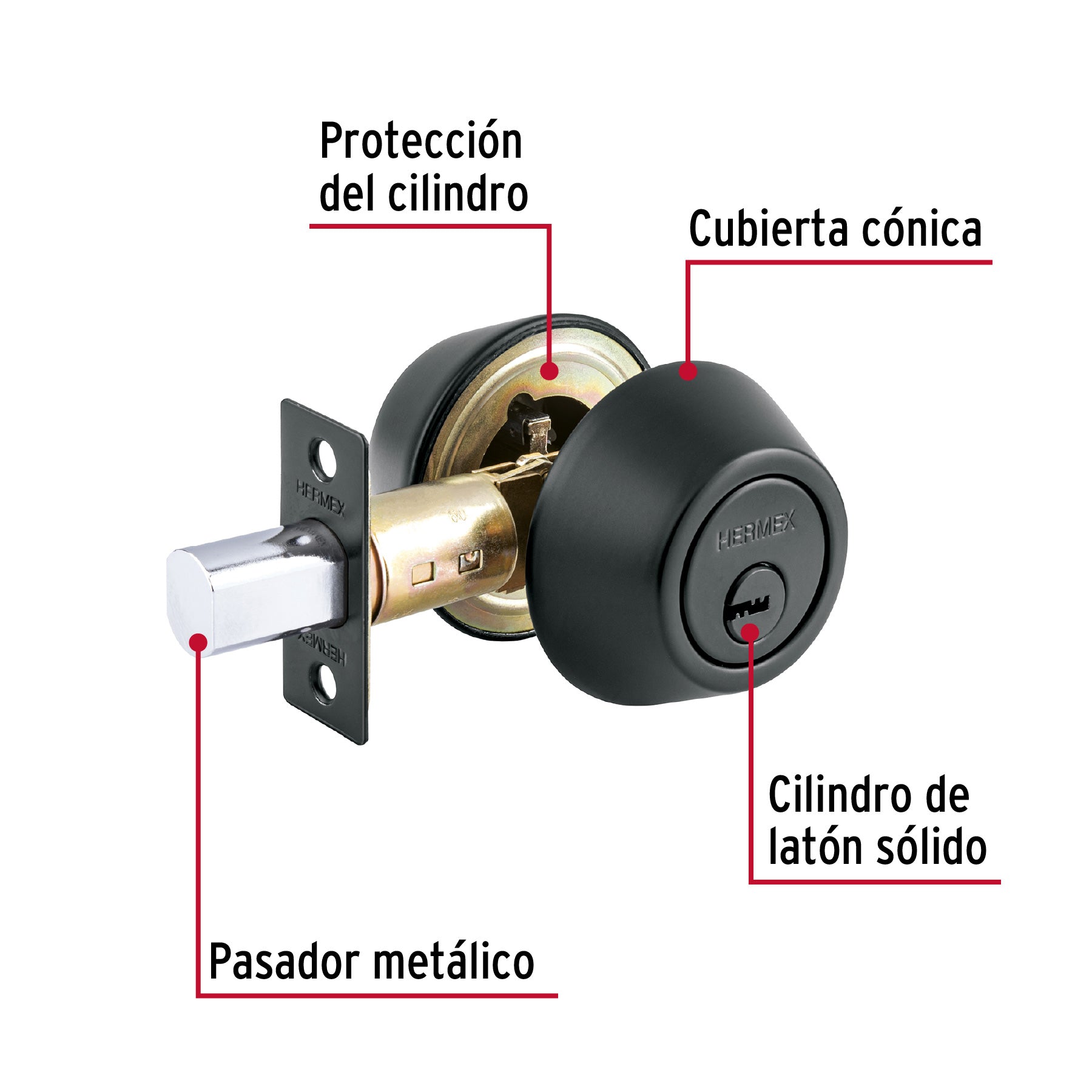 Cerrojo llave-llave negro, llave de puntos, Hermex