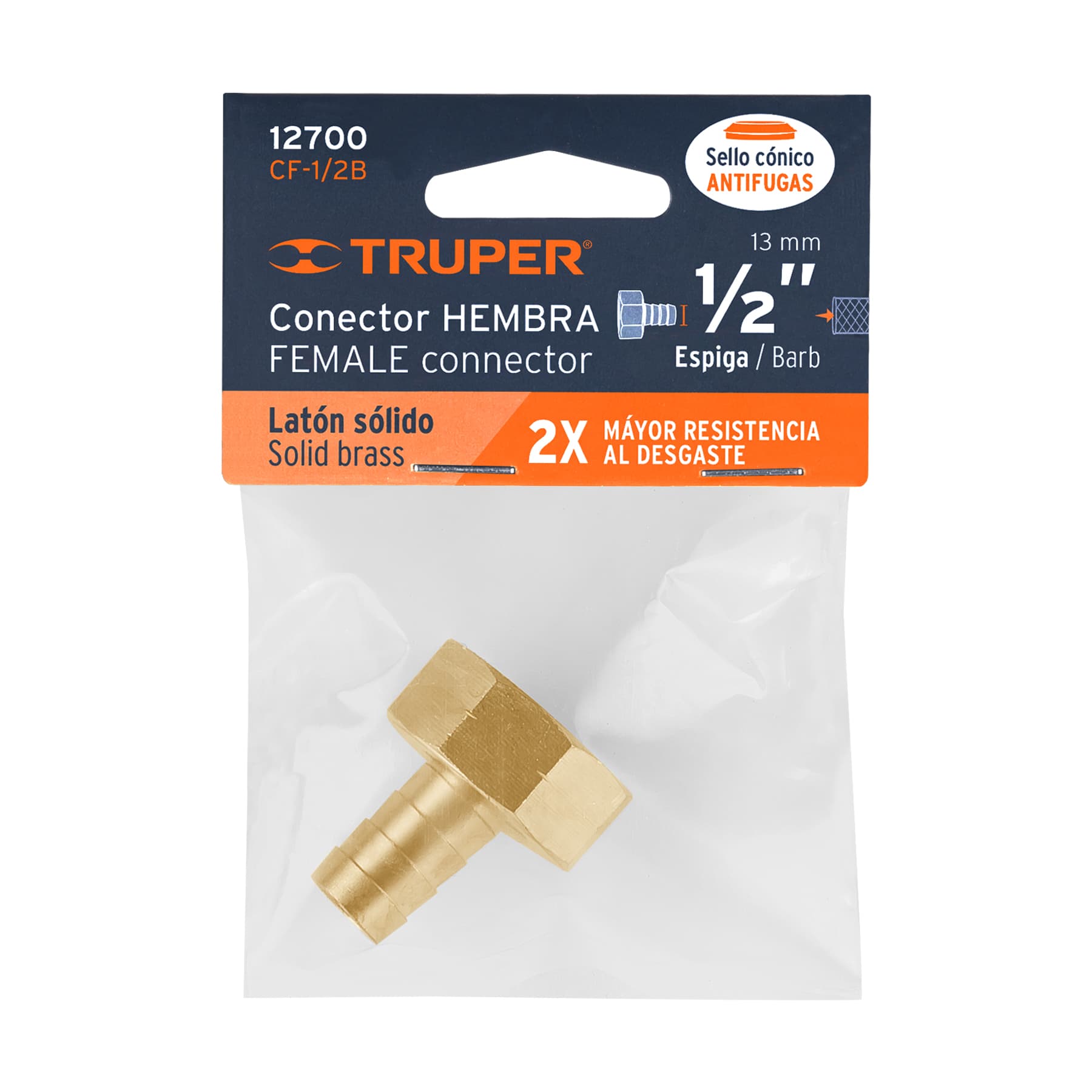 Conector sencillo 1/2", hembra, de latón maquinado
