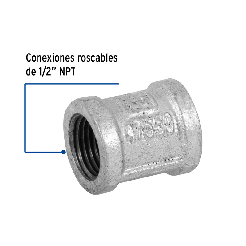 Cople reforzado, acero galvanizado, 1/2"