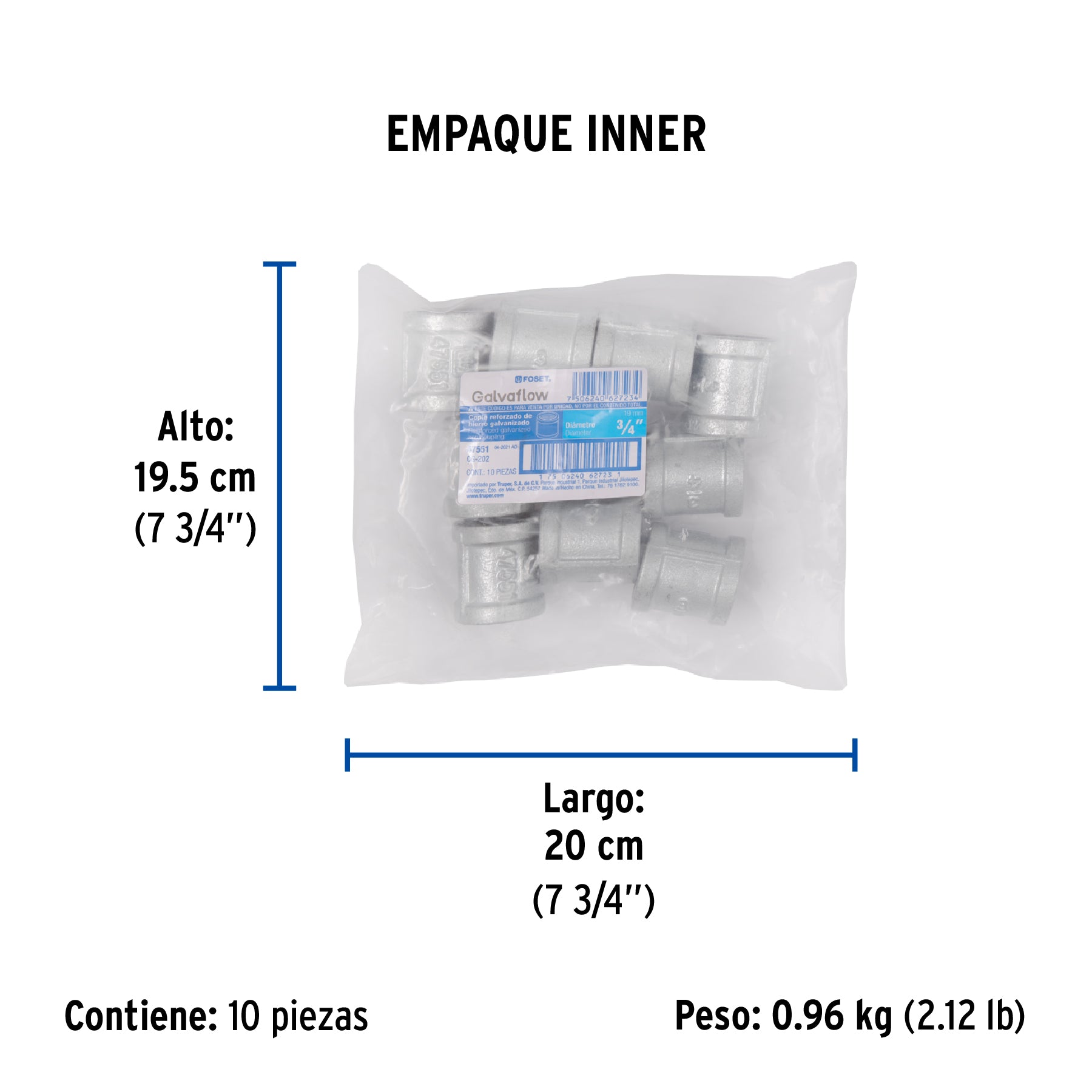 Cople reforzado, acero galvanizado, 3/4"