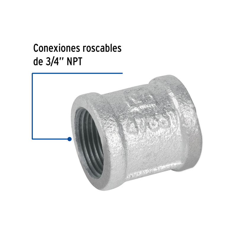 Cople reforzado, acero galvanizado, 3/4"