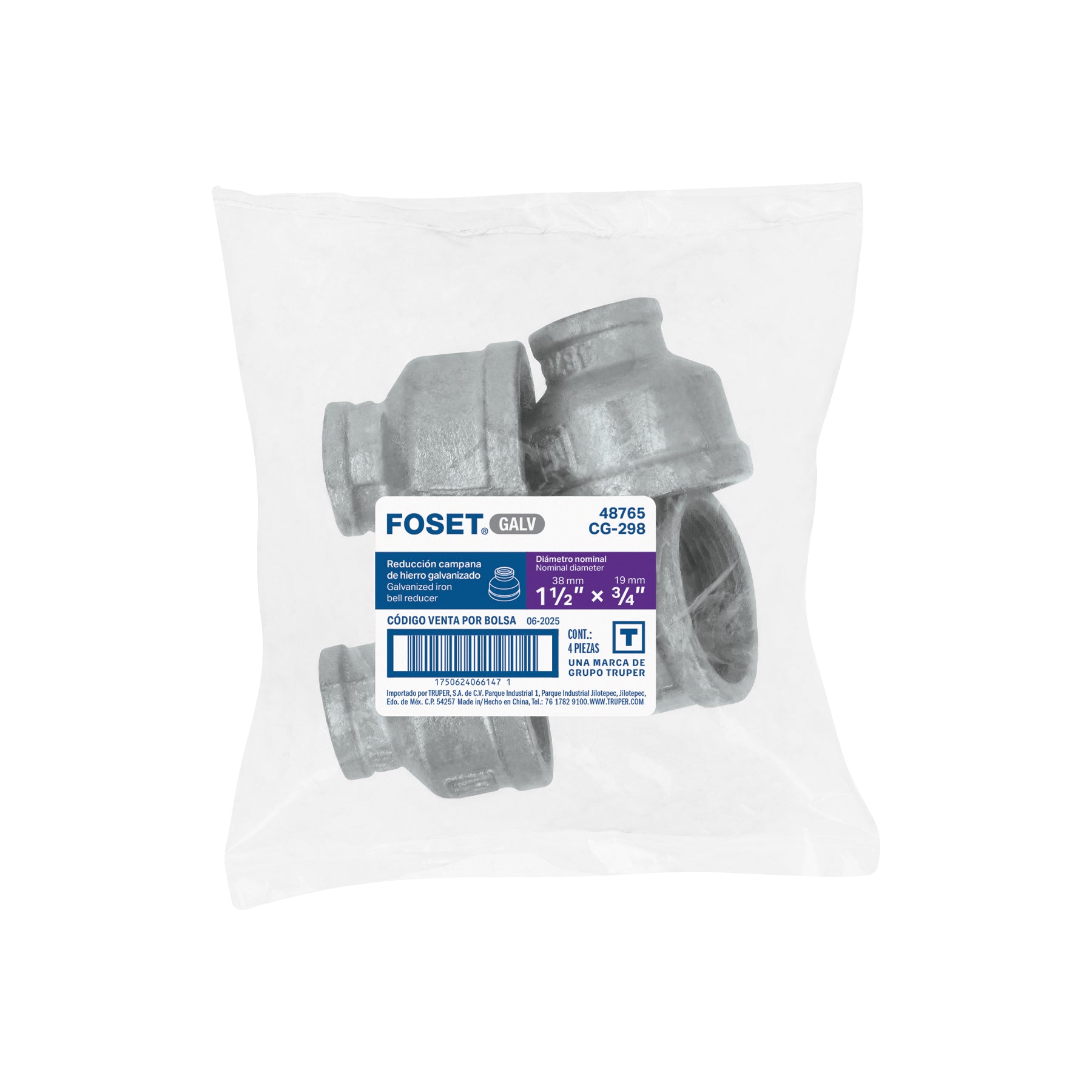 Reducción campana, acero galvanizado, 1-1/2x3/4"