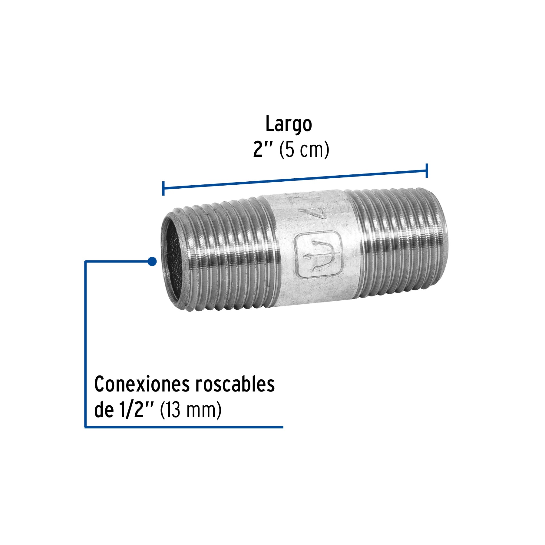 Niple, acero galvanizado, 1/2" x 2", cédula 40