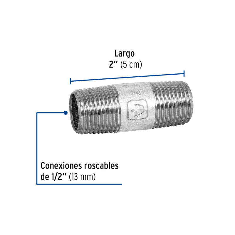 Niple, acero galvanizado, 1/2" x 2", cédula 40
