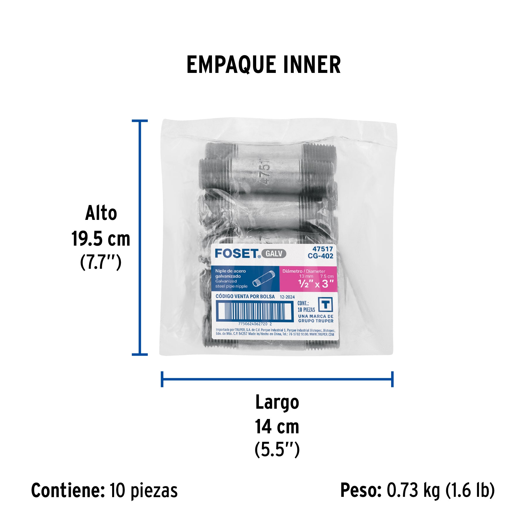 Niple, acero galvanizado, 1/2" x 3", cédula 40