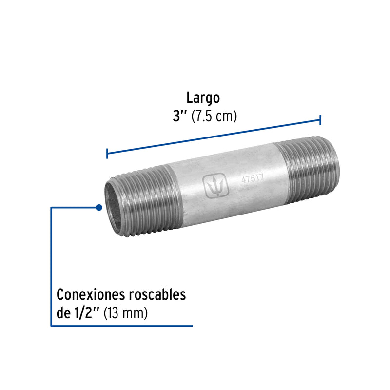 Niple, acero galvanizado, 1/2" x 3", cédula 40