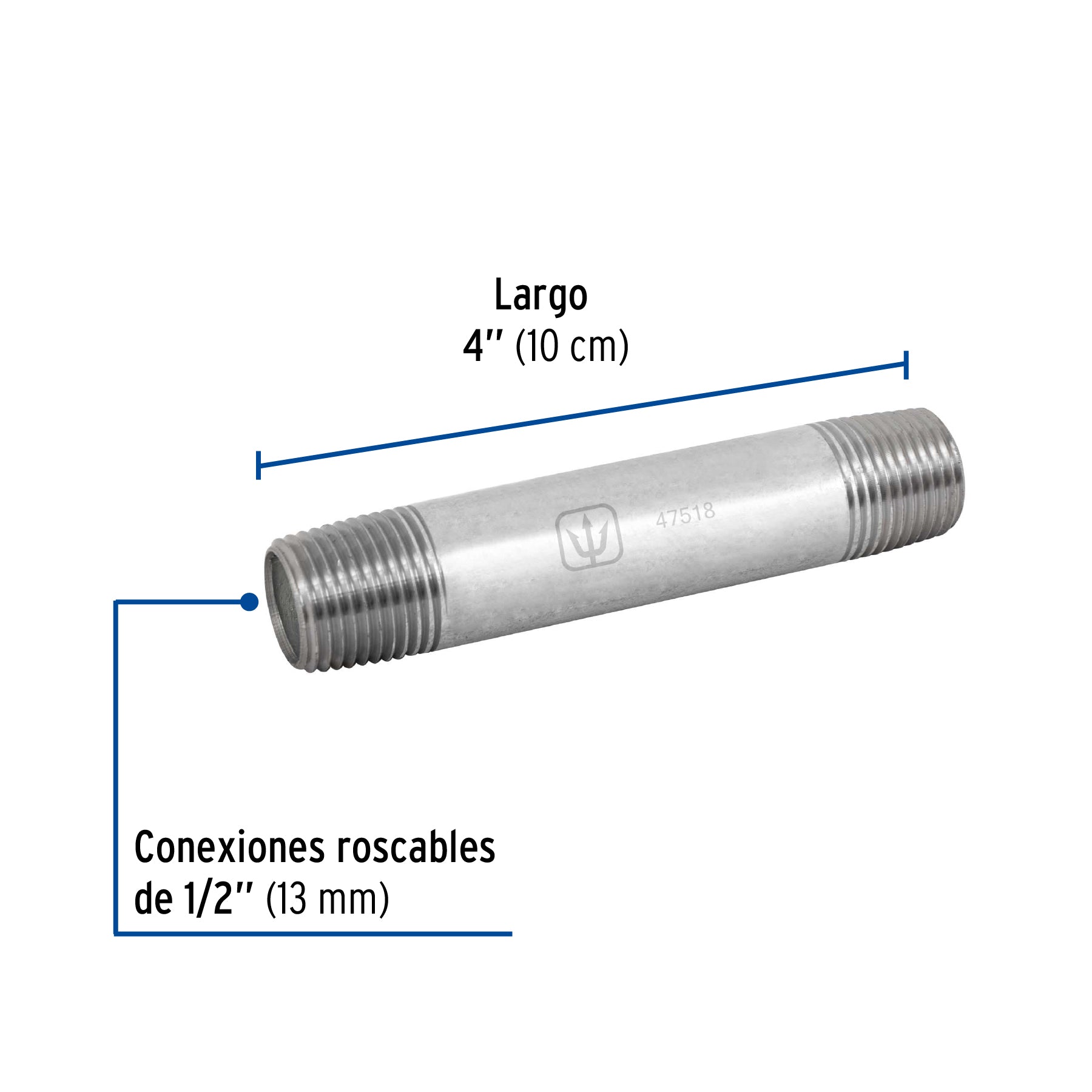 Niple, acero galvanizado, 1/2" x 4", cédula 40
