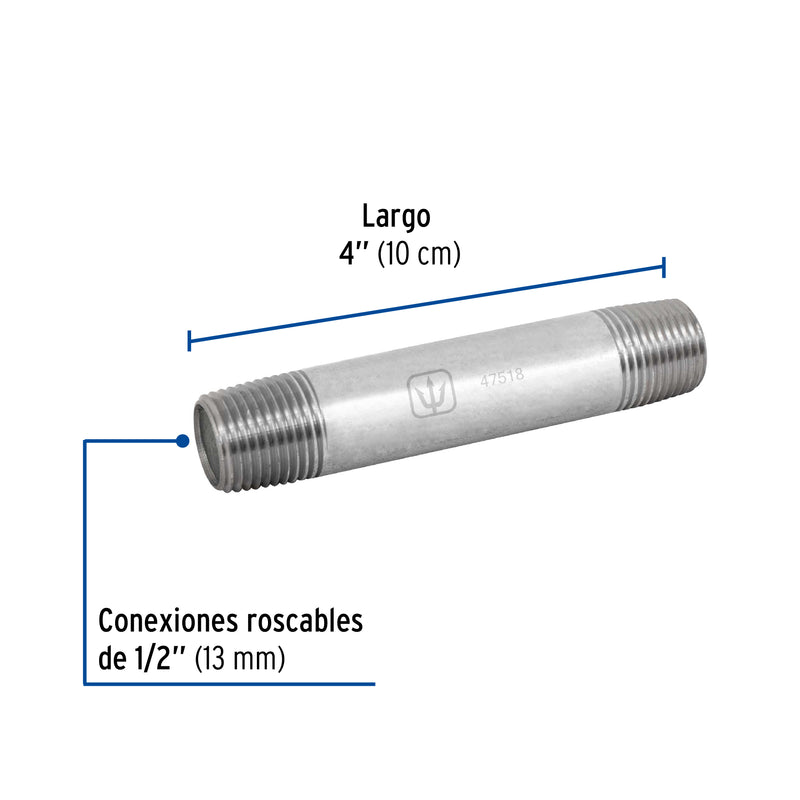 Niple, acero galvanizado, 1/2" x 4", cédula 40