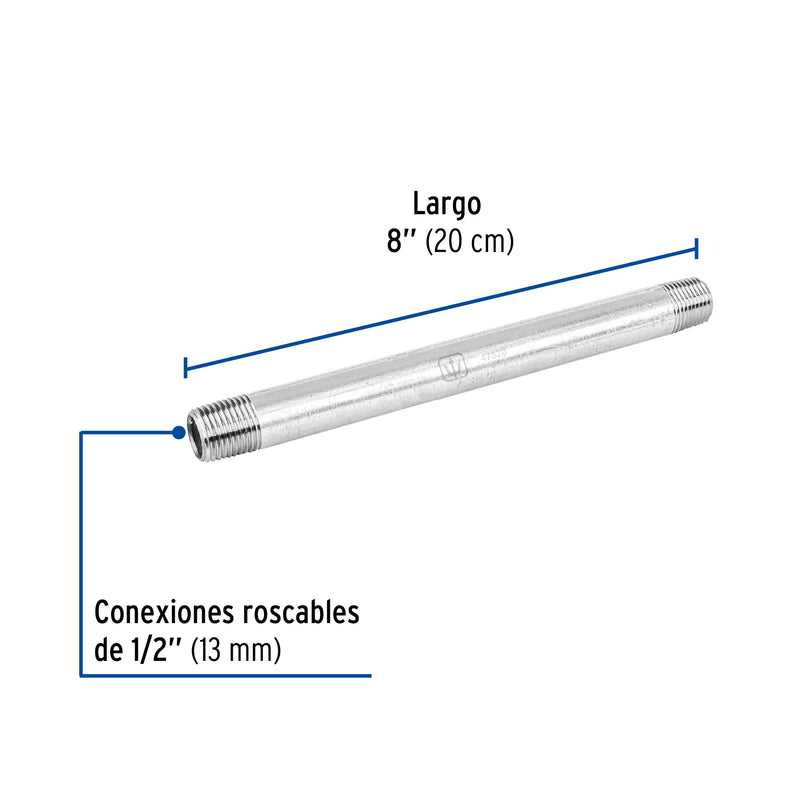 Niple, acero galvanizado, 1/2" x 8", cédula 40