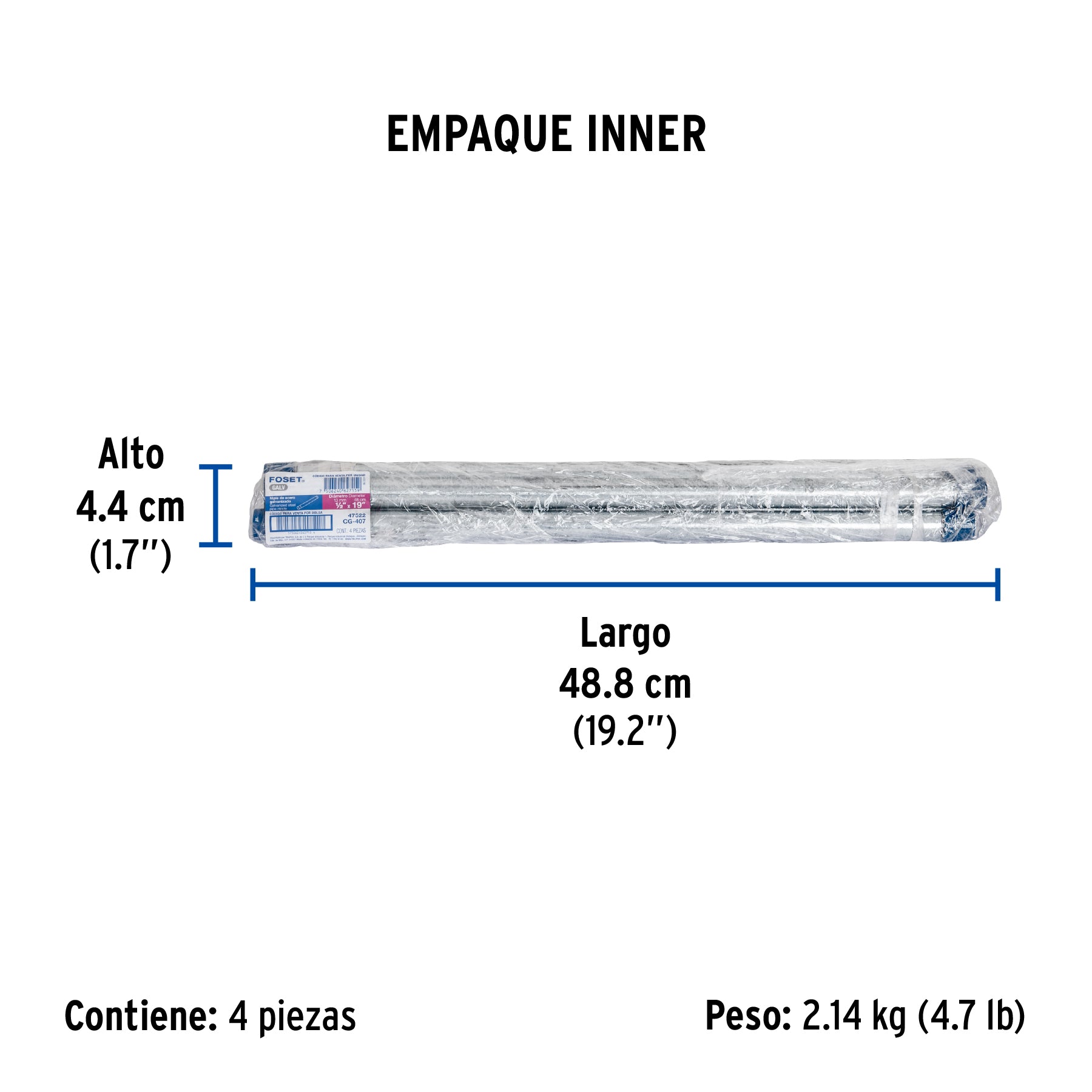 Niple, acero galvanizado, 1/2" x 19", cédula 40