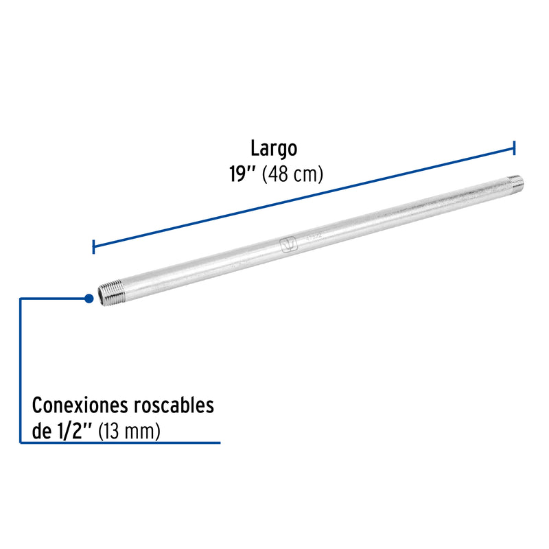 Niple, acero galvanizado, 1/2" x 19", cédula 40