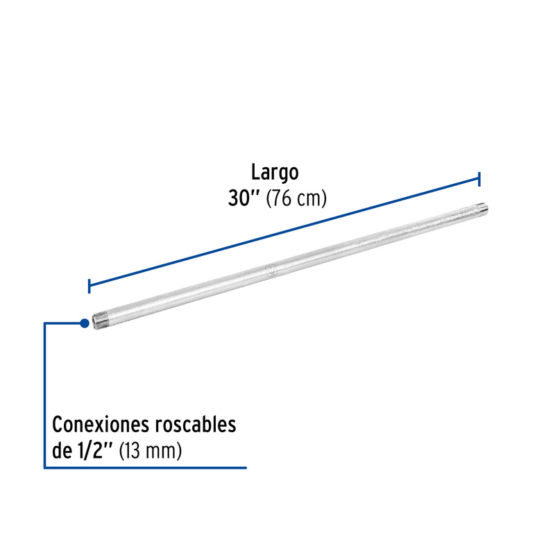 Niple, acero galvanizado, 1/2" x 30", cédula 40