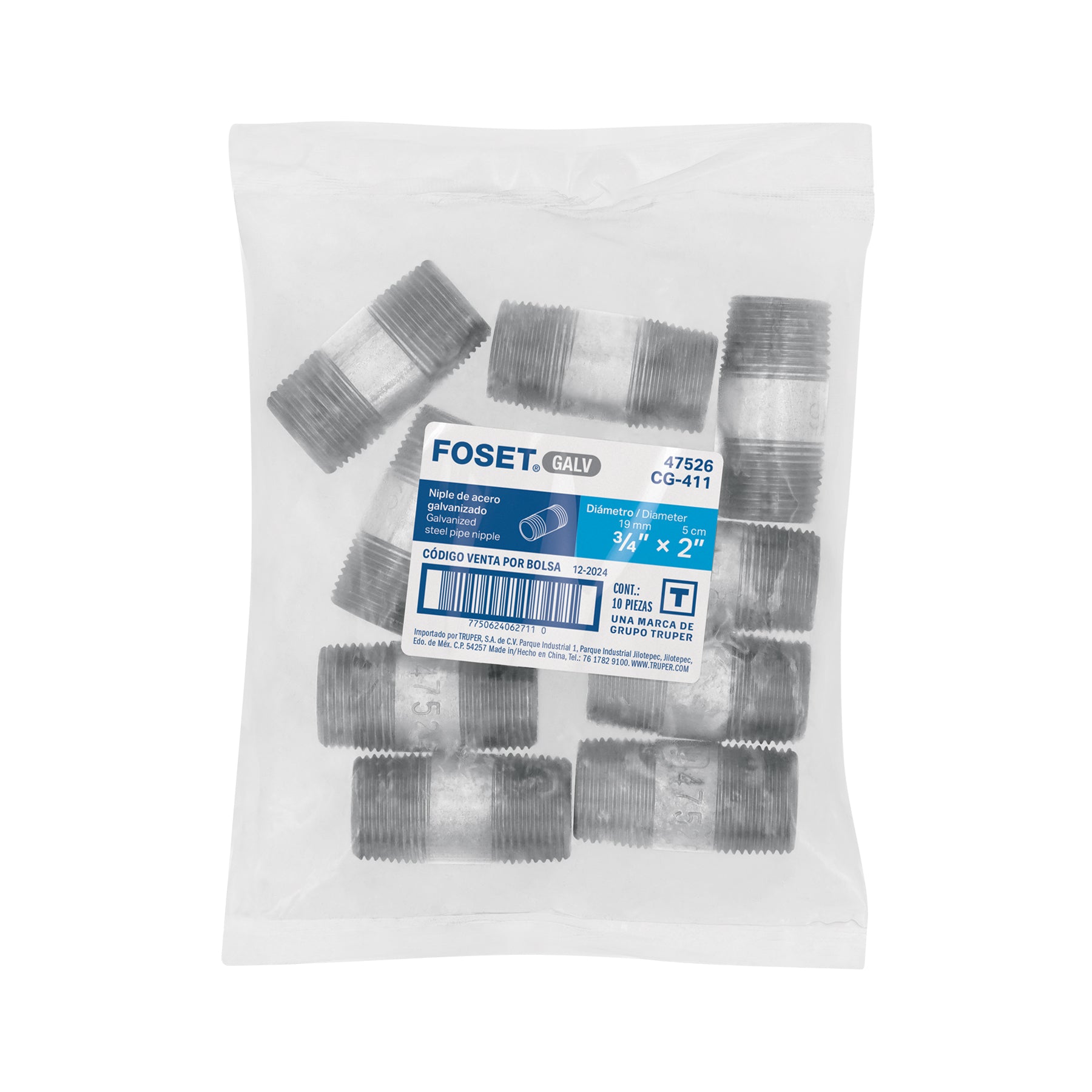 Niple, acero galvanizado, 3/4" x 2", cédula 40