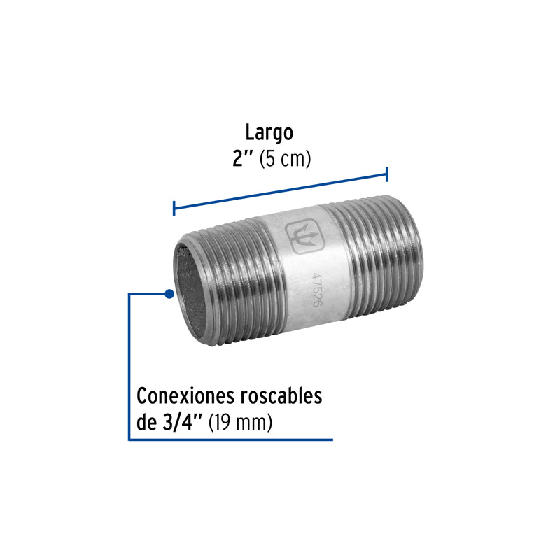 Niple, acero galvanizado, 3/4" x 2", cédula 40