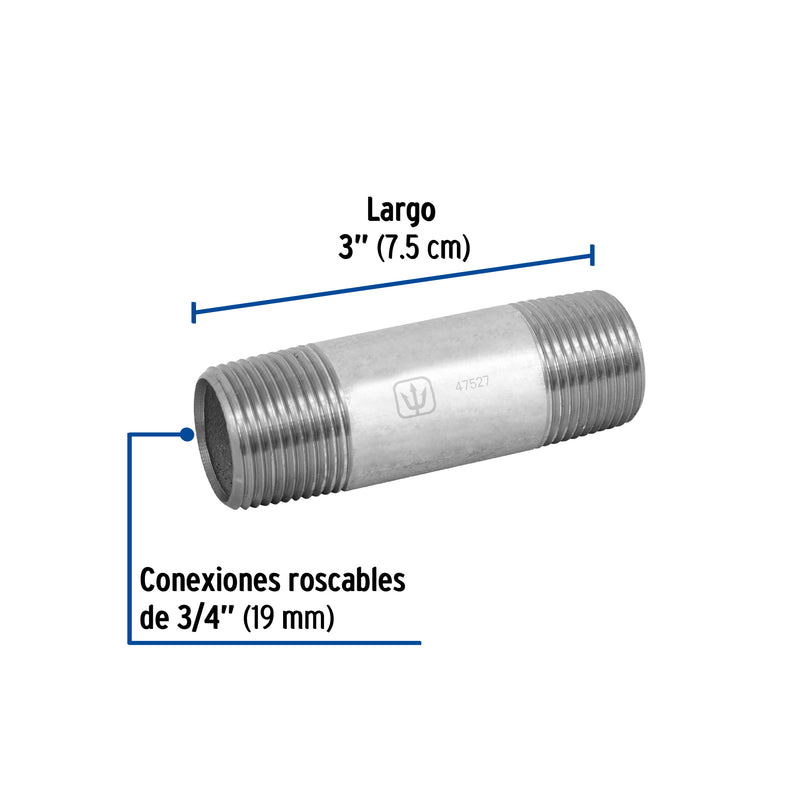 Niple, acero galvanizado, 3/4" x 3", cédula 40