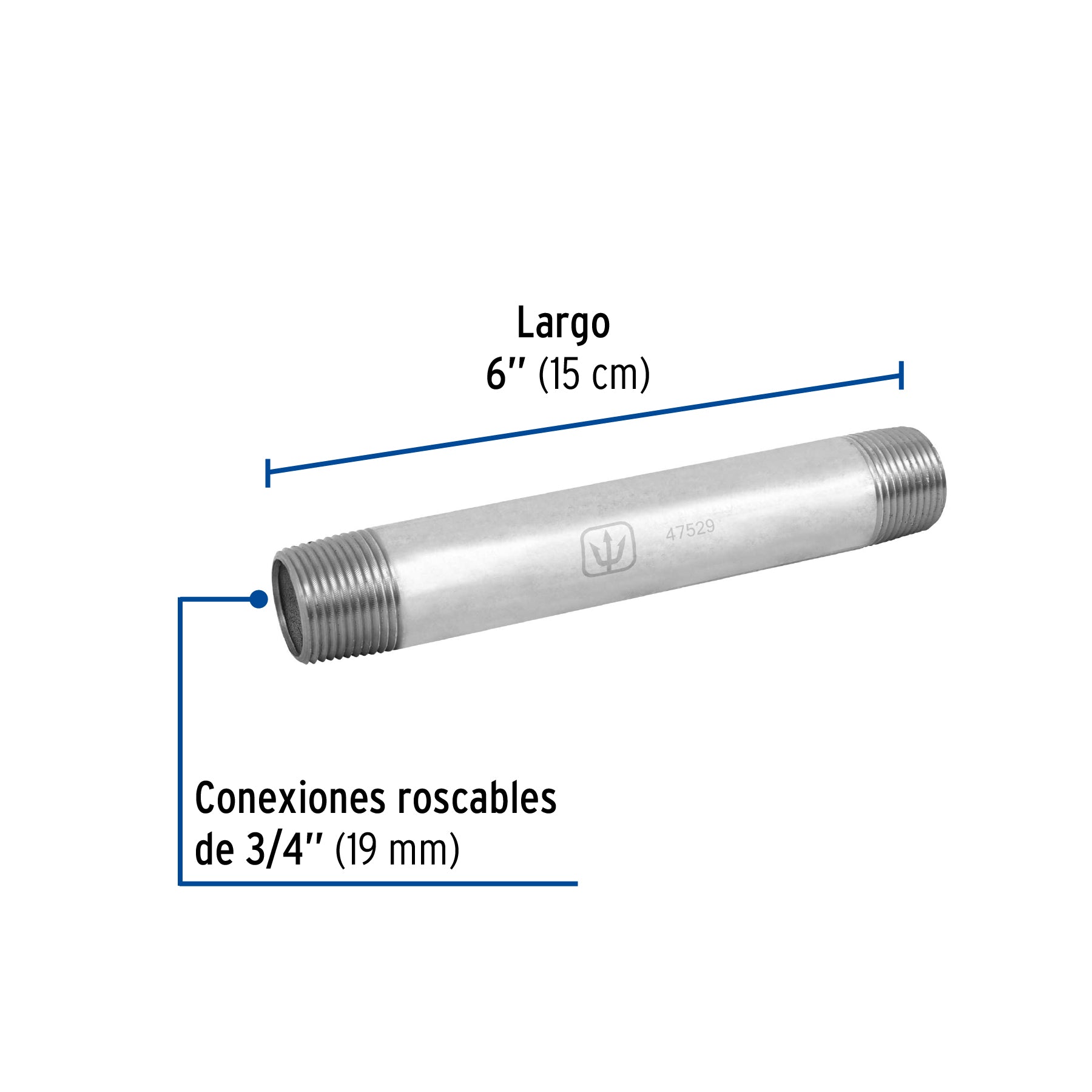 Niple, acero galvanizado, 3/4" x 6", cédula 40