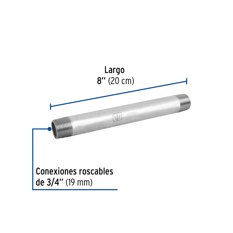 Niple, acero galvanizado, 3/4" x 8", cédula 40