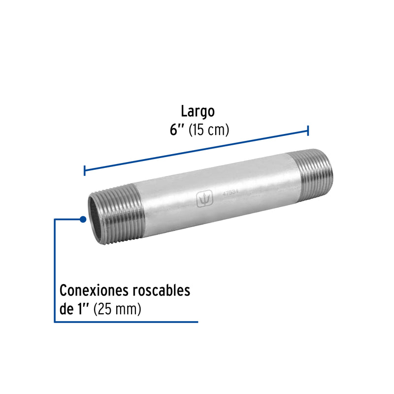 Niple, acero galvanizado, 1" x 6", cédula 40