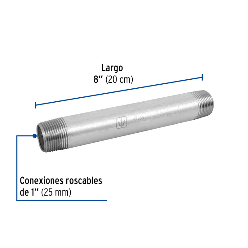 Niple, acero galvanizado, 1" x 8", cédula 40