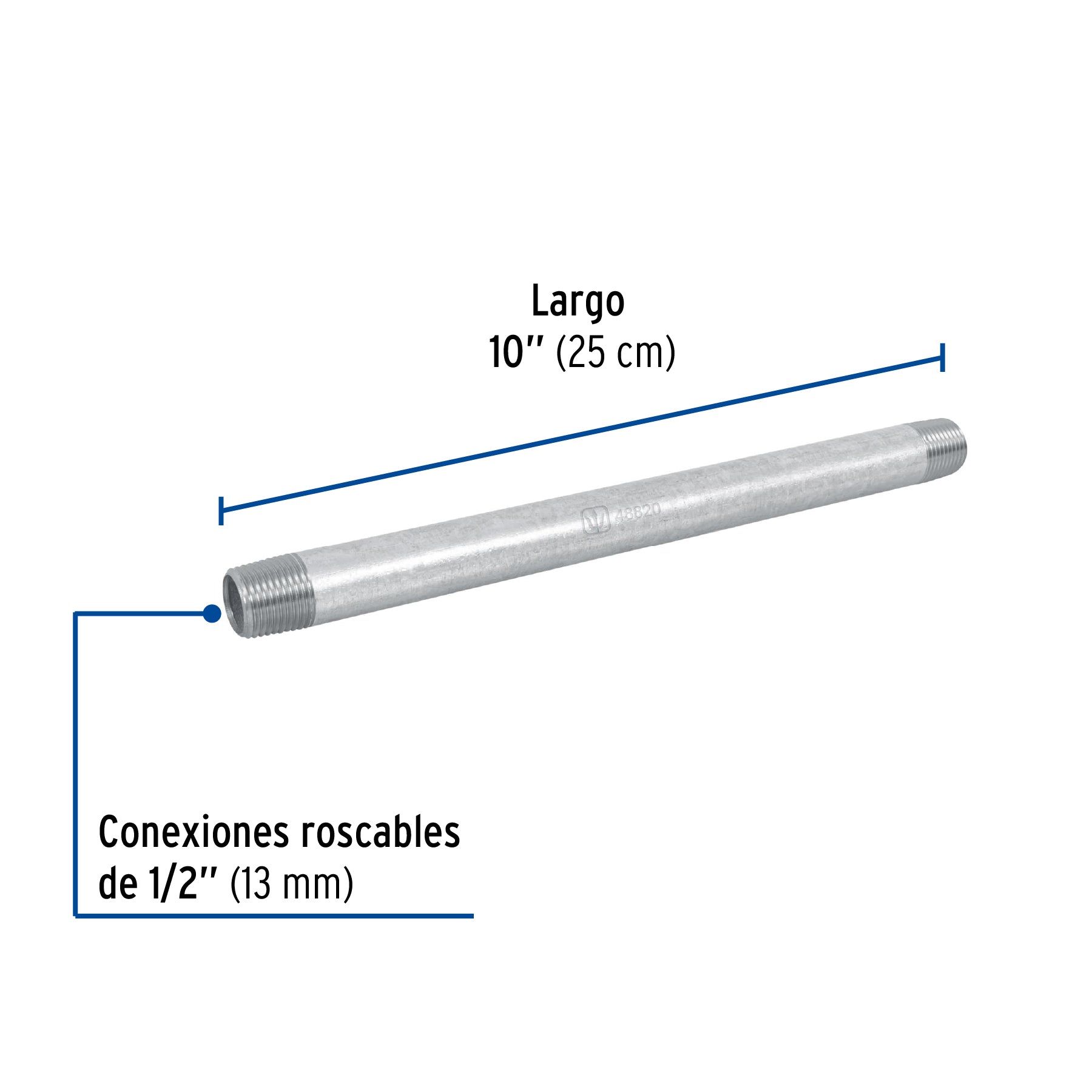 Niple, acero galvanizado, 1/2 x 10", cedula 40