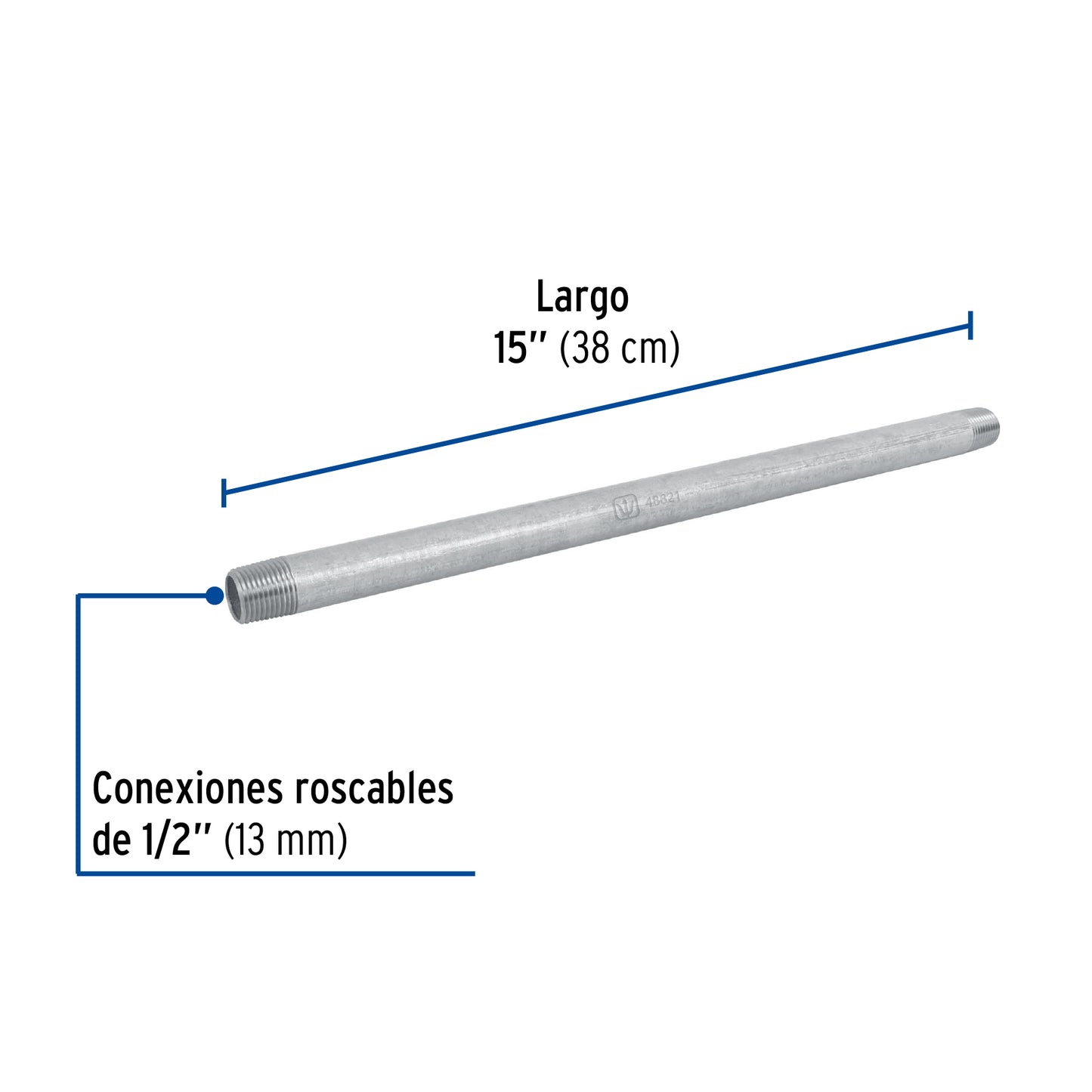 Niple, acero galvanizado, 1/2 x 15", cedula 40