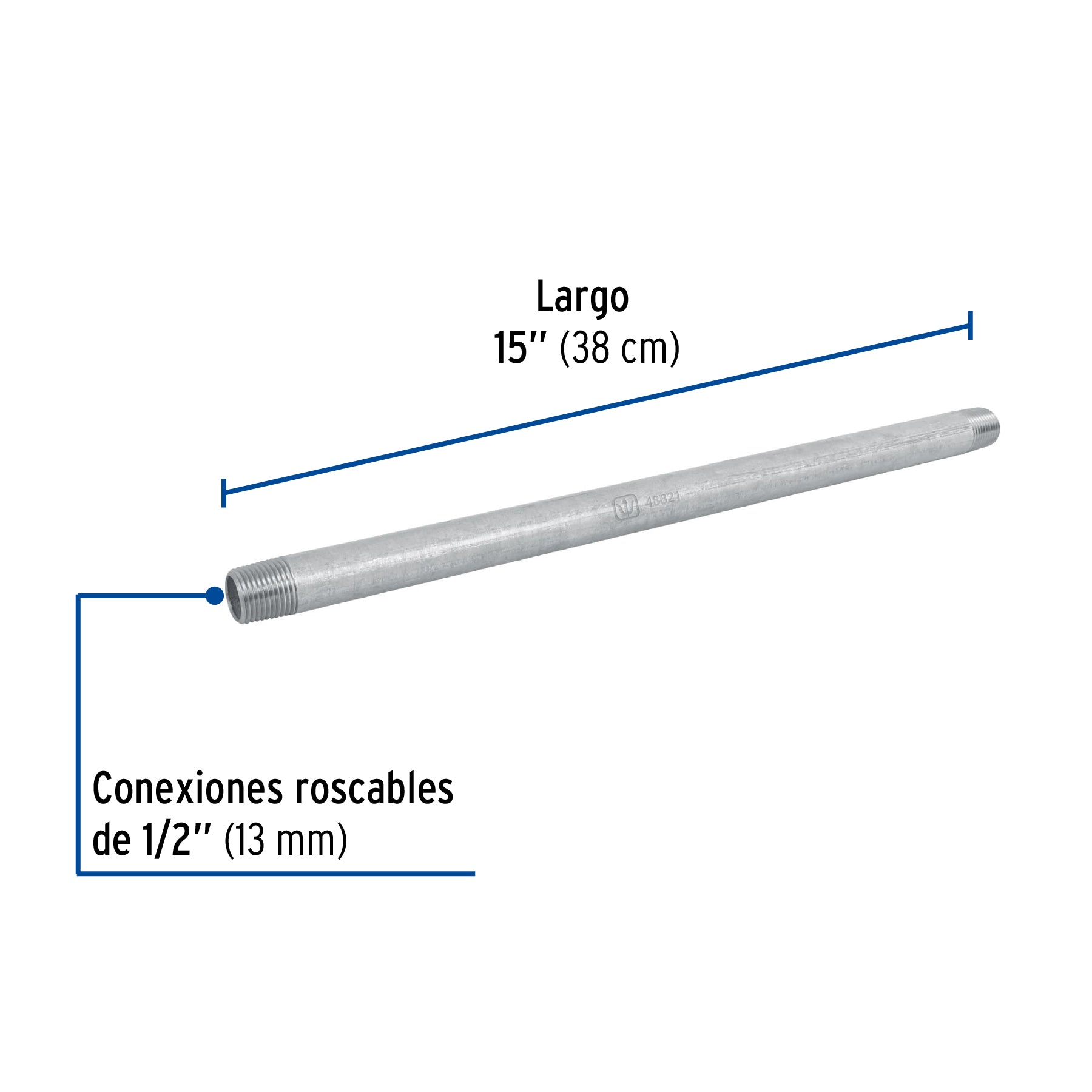 Niple, acero galvanizado, 1/2 x 15", cedula 40