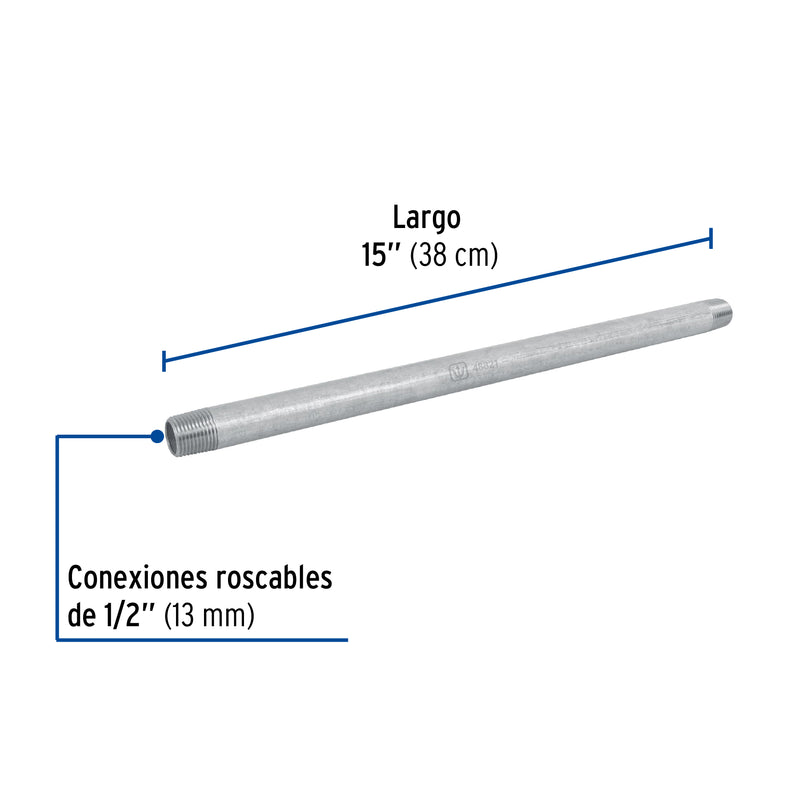 Niple de acero galvanizado 1/2 x 15", FOSET