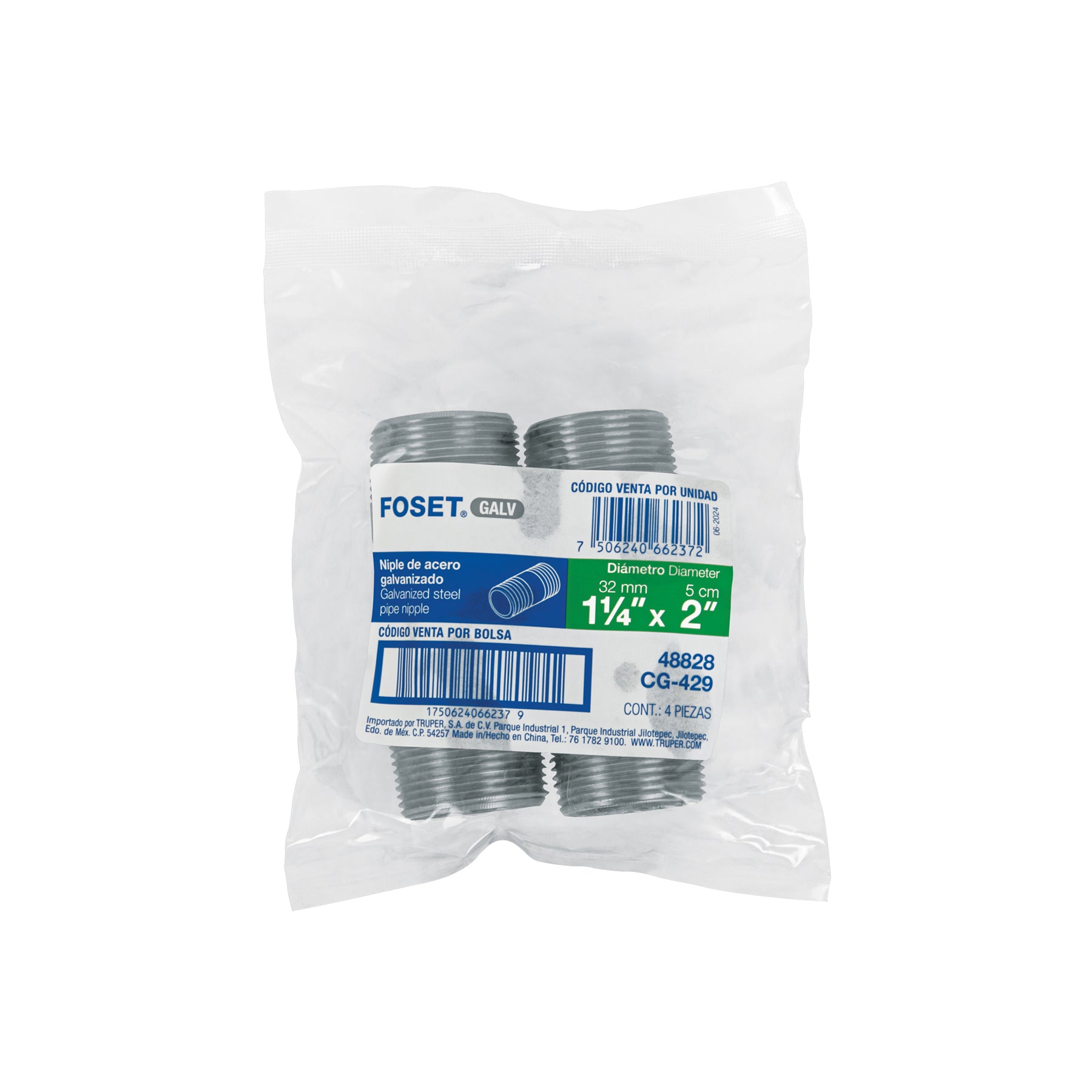 Niple, acero galvanizado, 1-1/4 x 2", cedula 40