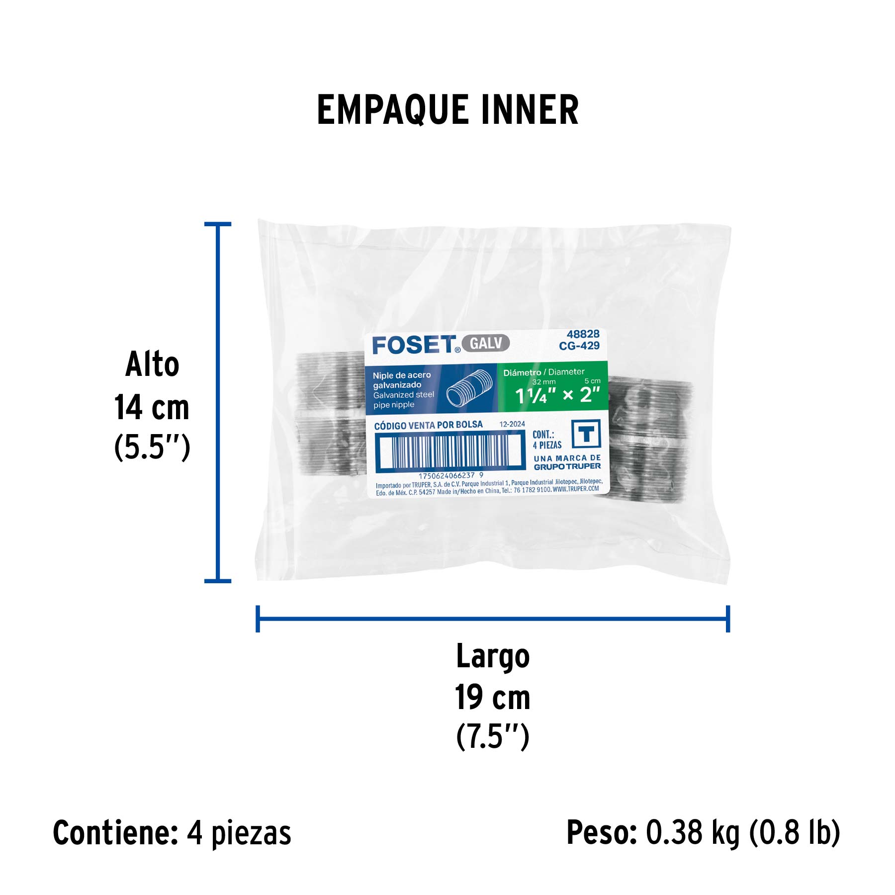 Niple, acero galvanizado, 1-1/4 x 2", cedula 40