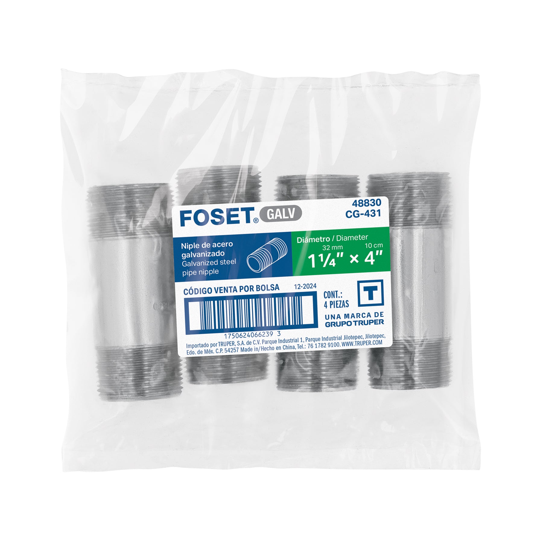 Niple, acero galvanizado, 1-1/4 x 4", cedula 40