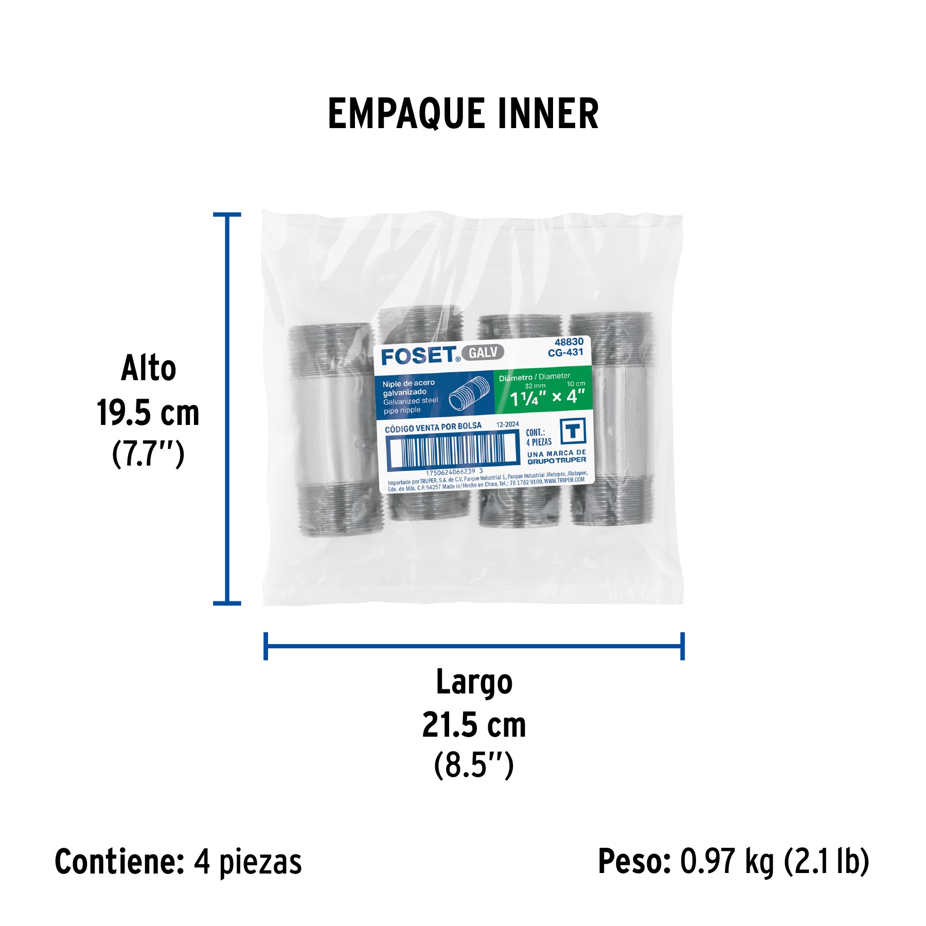 Niple, acero galvanizado, 1-1/4 x 4", cedula 40