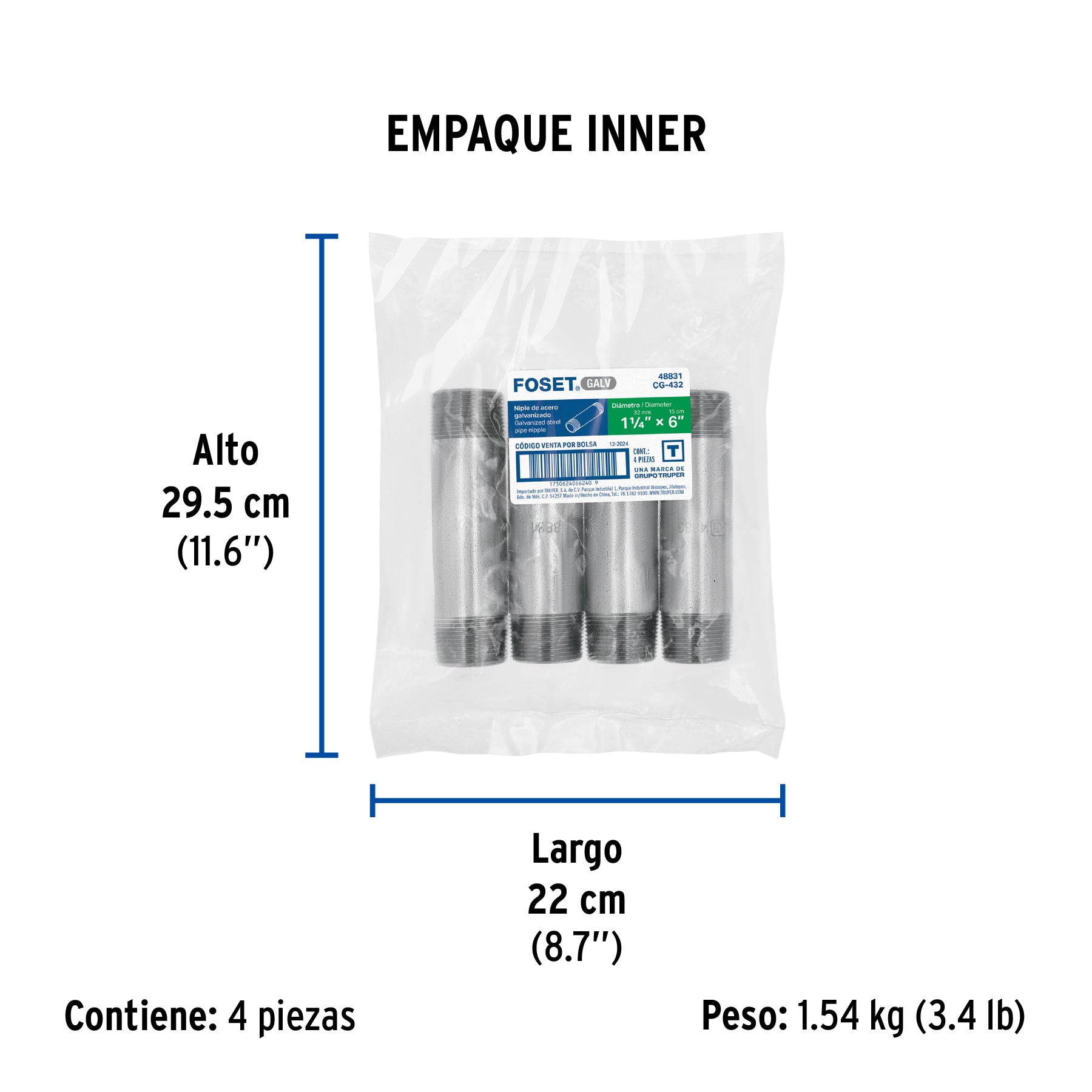Niple, acero galvanizado, 1-1/4 x 6", cedula 40
