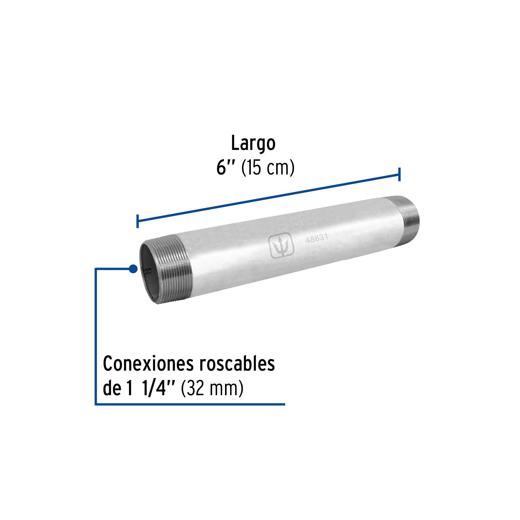 Niple, acero galvanizado, 1-1/4 x 6", cedula 40