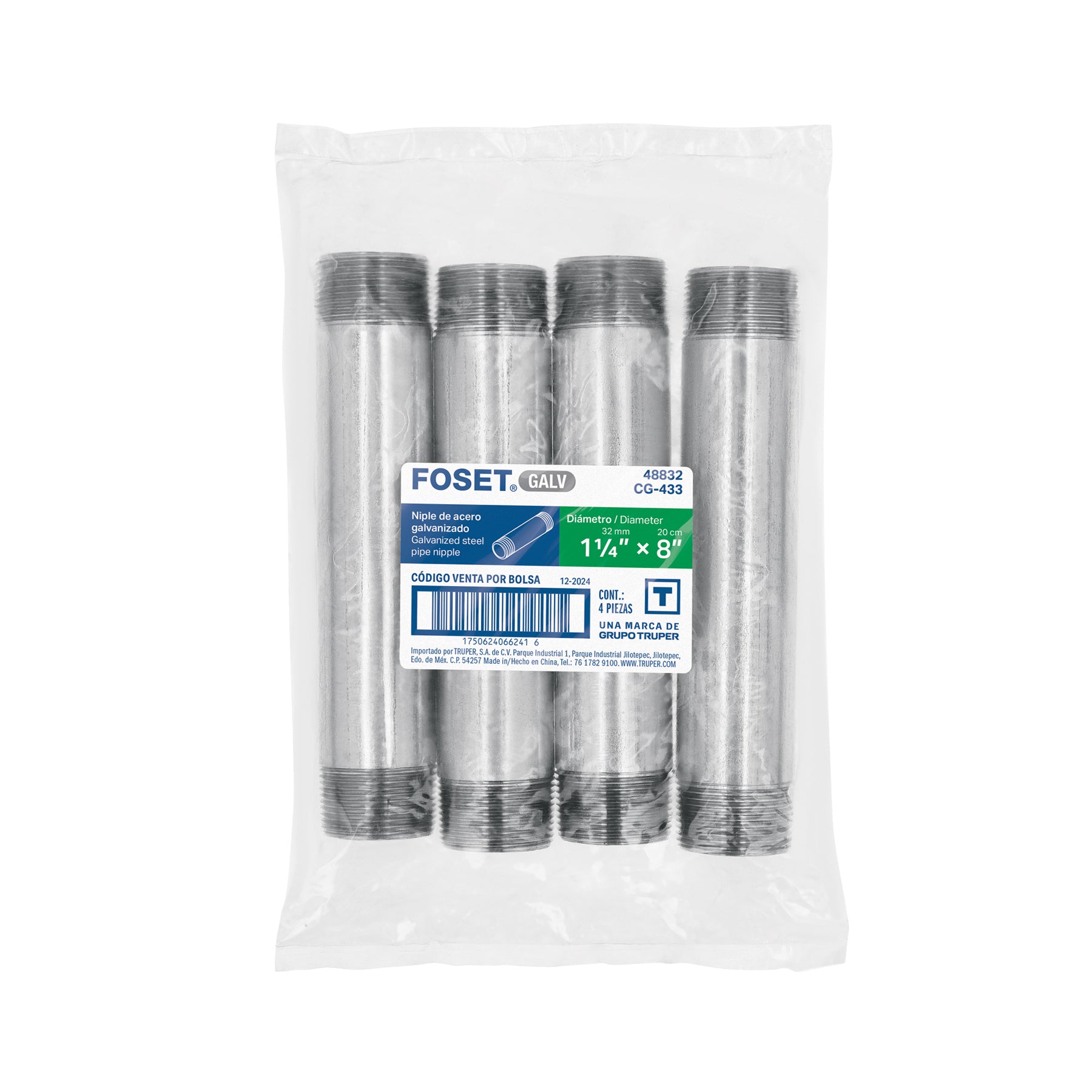 Niple, acero galvanizado, 1-1/4 x 8", cedula 40