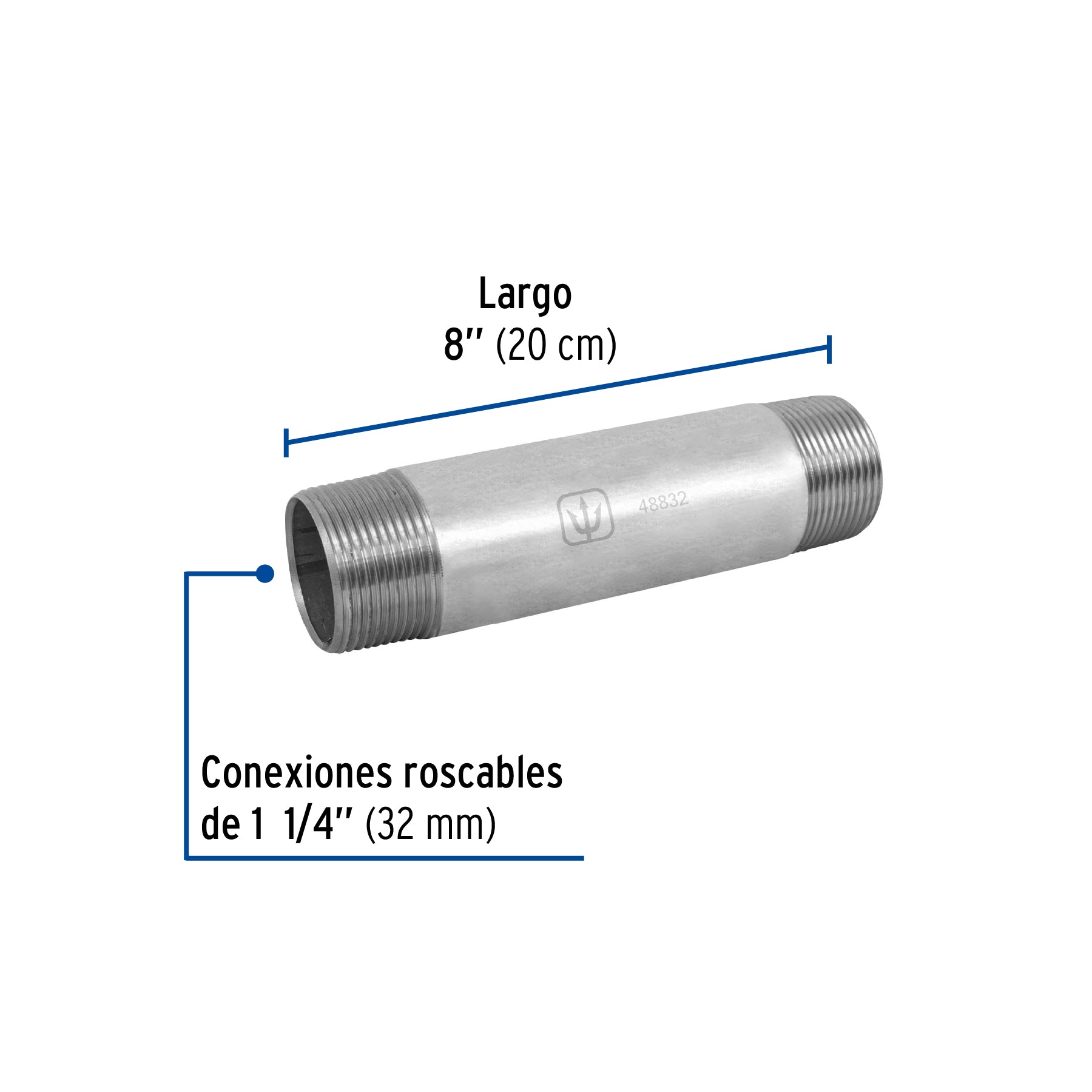 Niple, acero galvanizado, 1-1/4 x 8", cedula 40