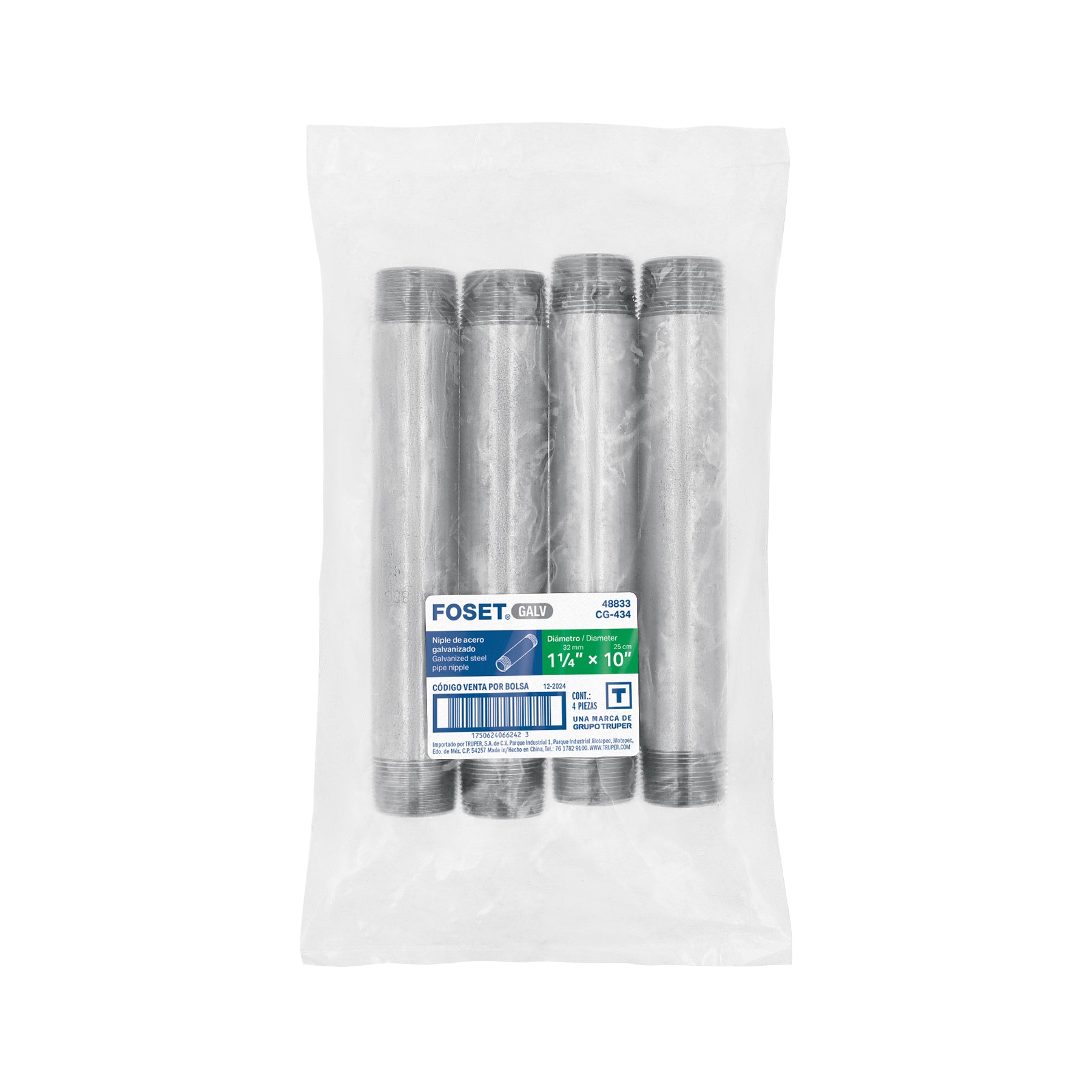Niple, acero galvanizado, 1-1/4 x 10", cedula 40