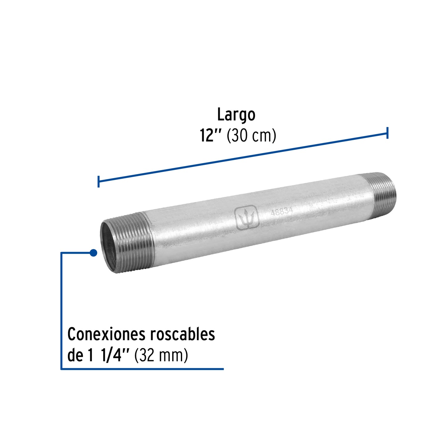 Niple, acero galvanizado, 1-1/4 x 12", cedula 40