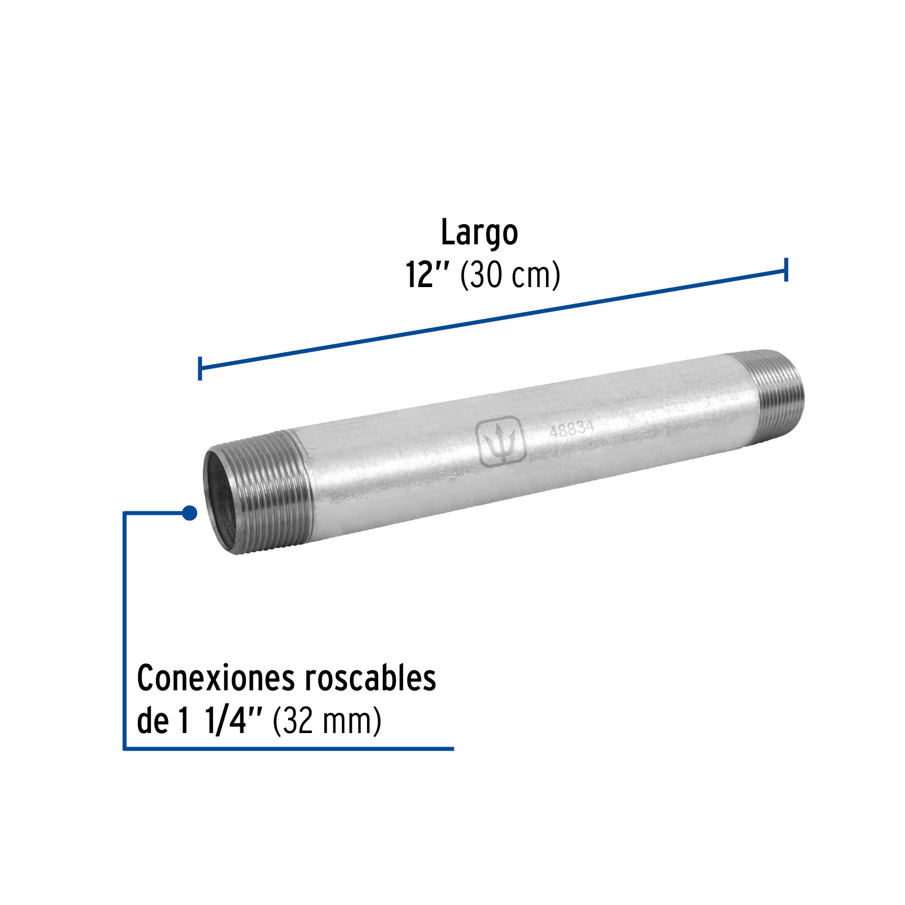 Niple, acero galvanizado, 1-1/4 x 12", cedula 40