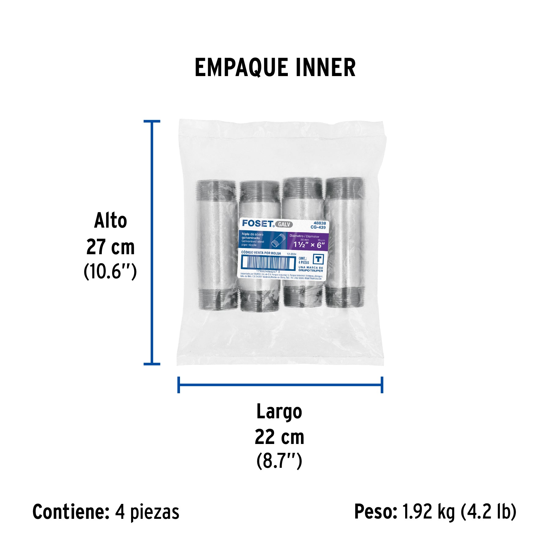 Niple, acero galvanizado, 1-1/2 x 6", cedula 40