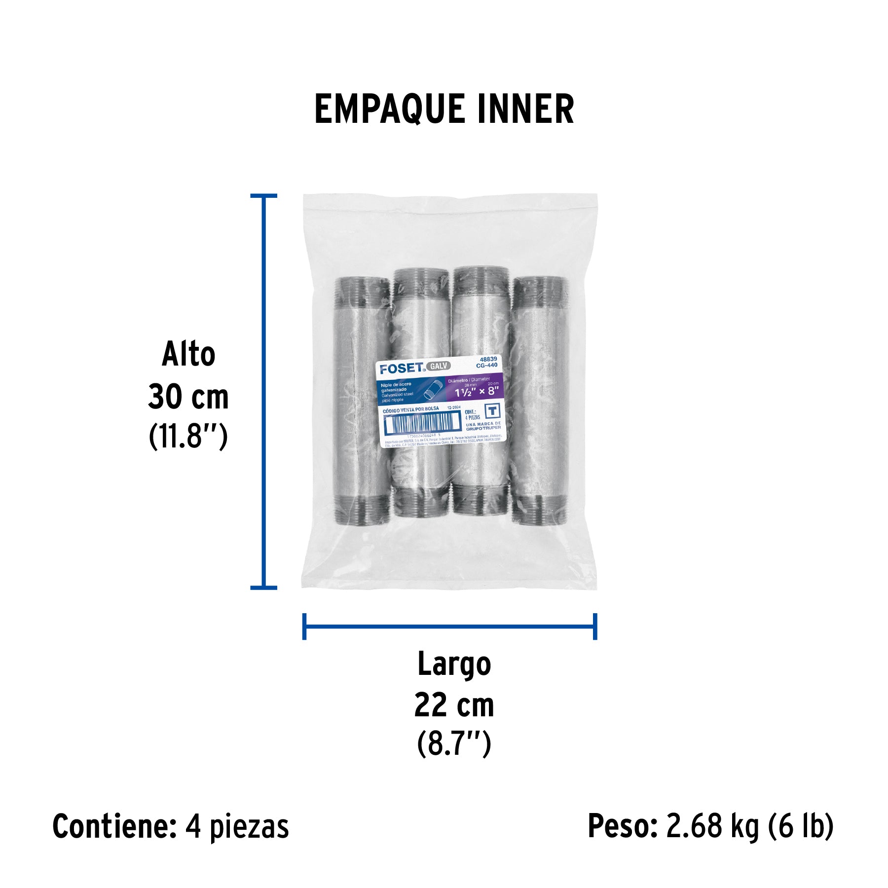 Niple, acero galvanizado, 1-1/2 x 8", cedula 40