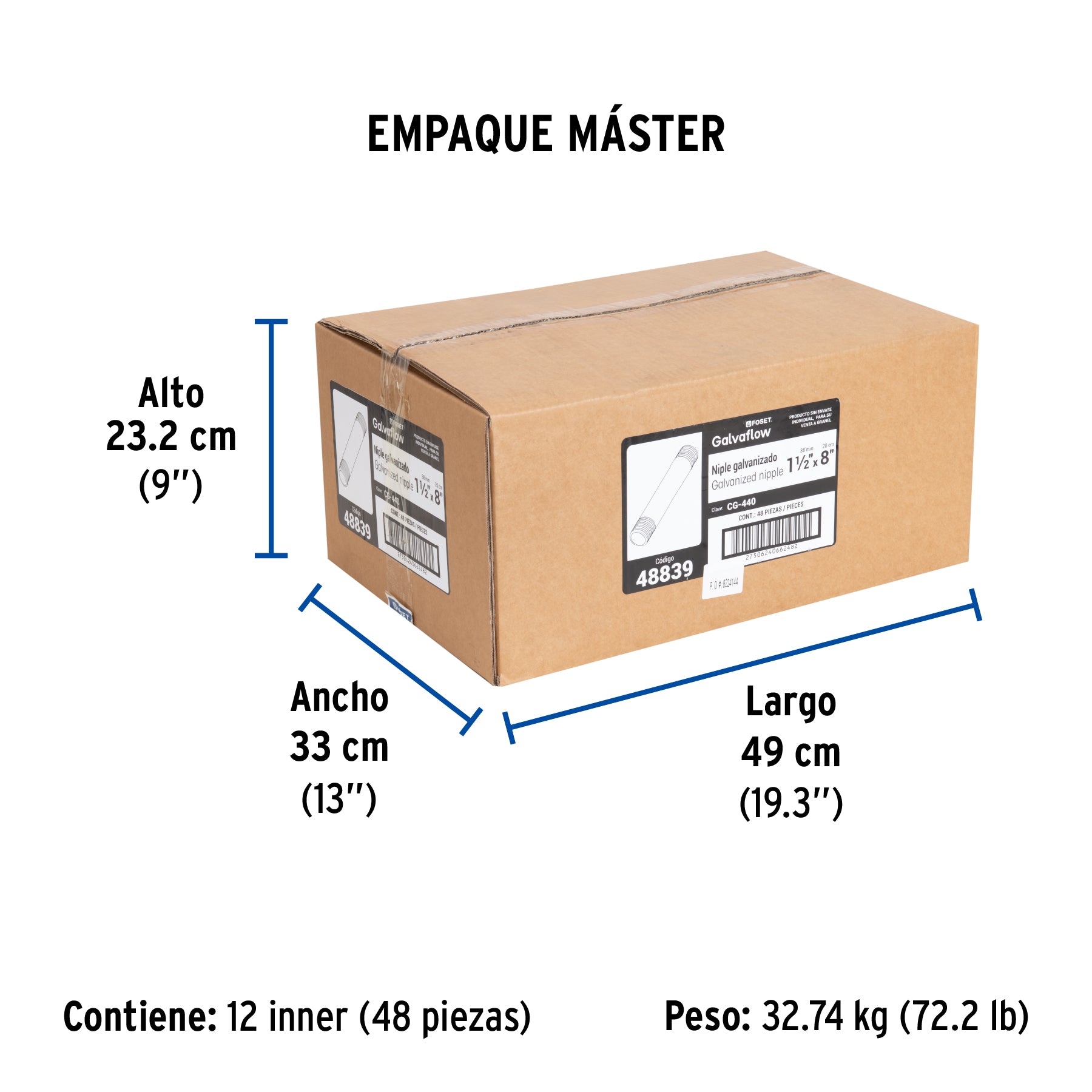 Niple, acero galvanizado, 1-1/2 x 8", cedula 40