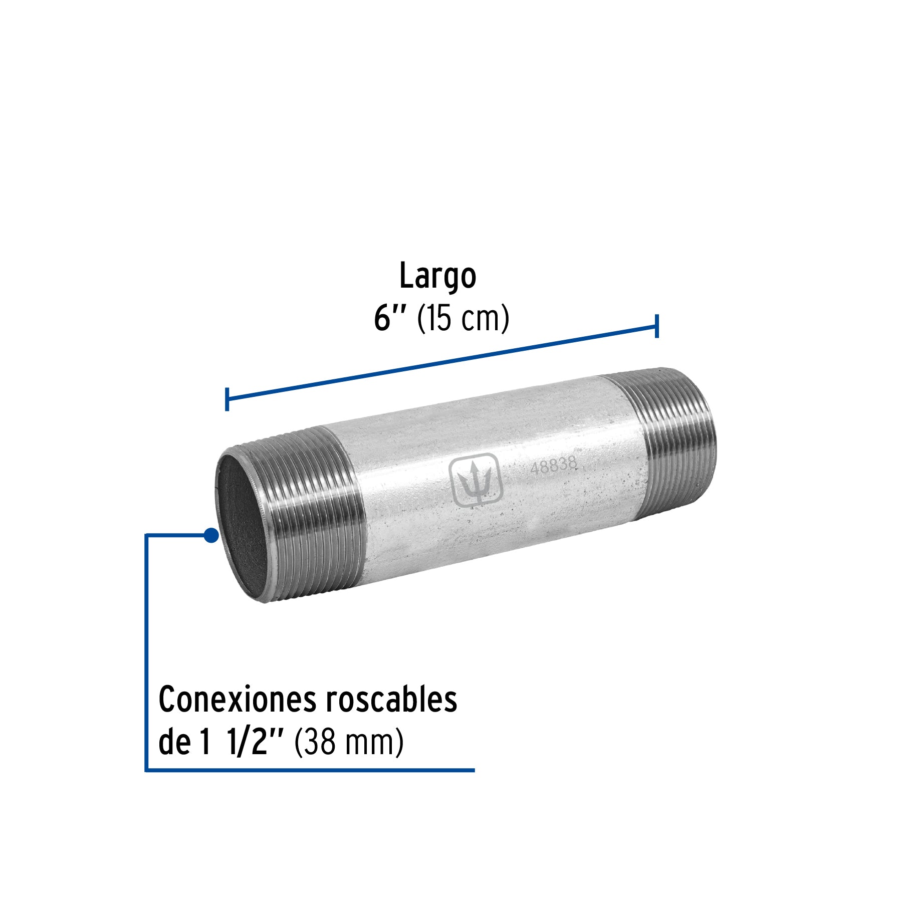 Niple, acero galvanizado, 1-1/2 x 8", cedula 40