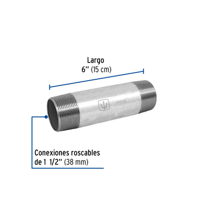 Niple, acero galvanizado, 1-1/2 x 8", cedula 40