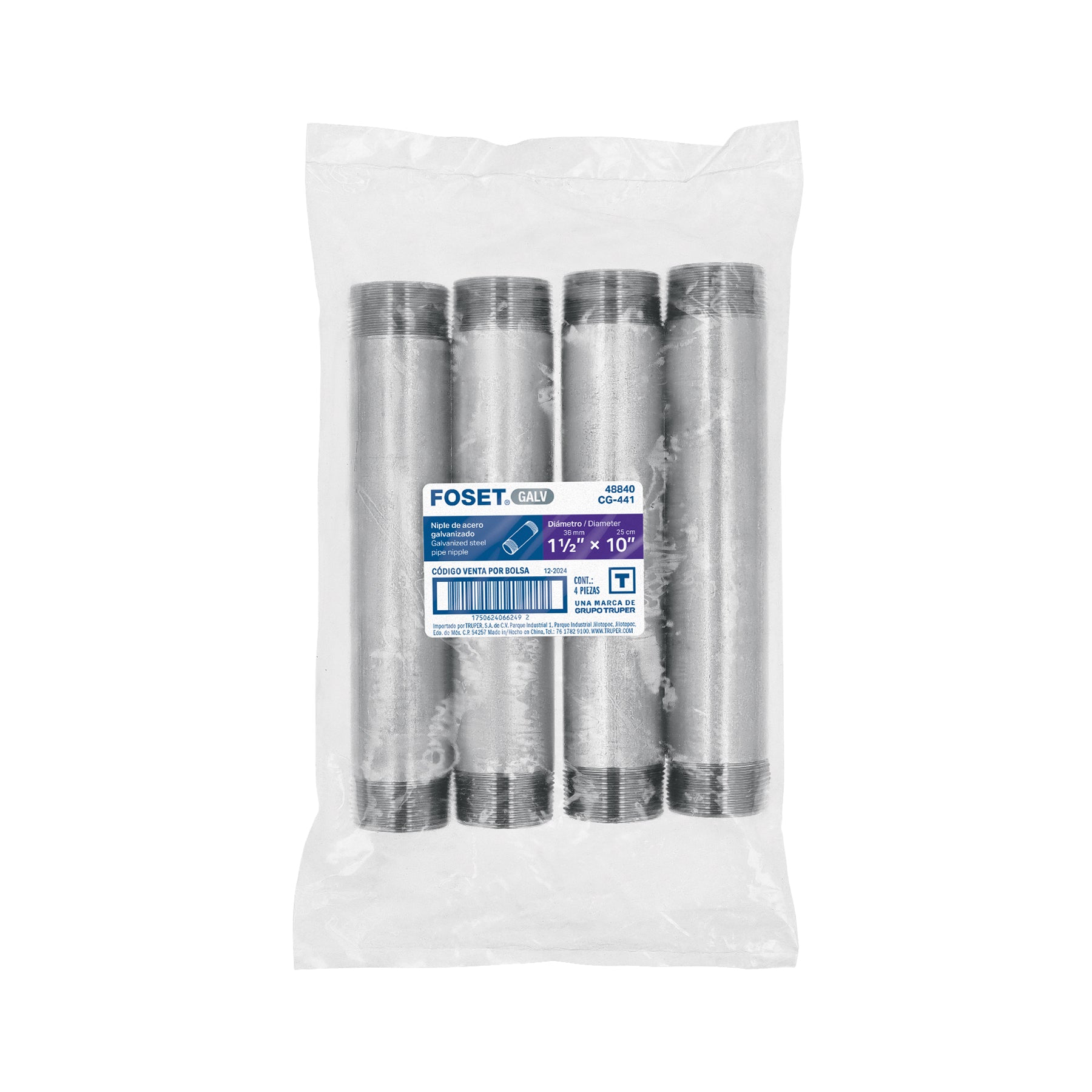 Niple, acero galvanizado, 1-1/2 x 10", cedula 40