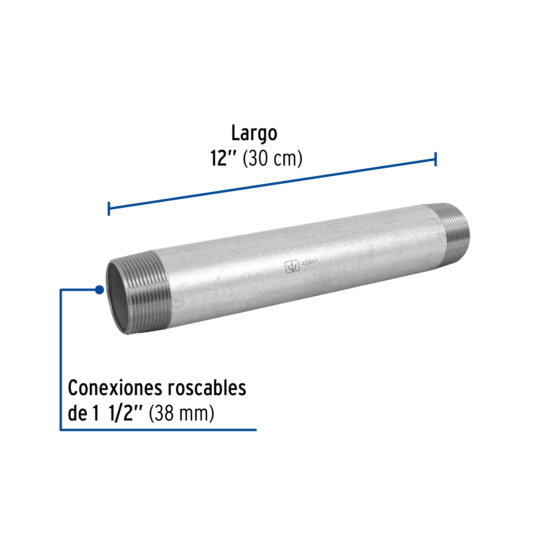 Niple, acero galvanizado, 1-1/2 x 12", cedula 40