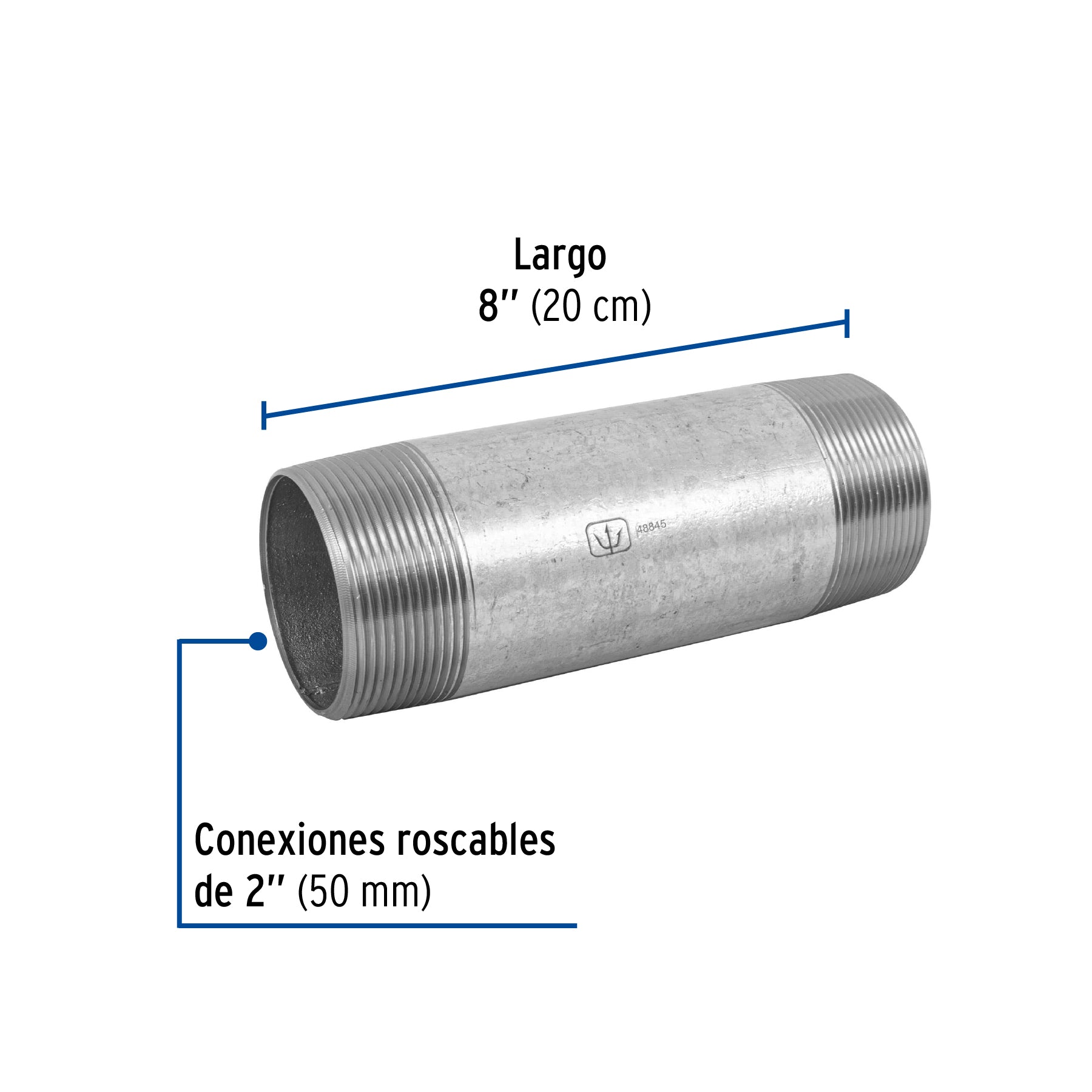Niple, acero galvanizado, 2 x 8", cedula 40