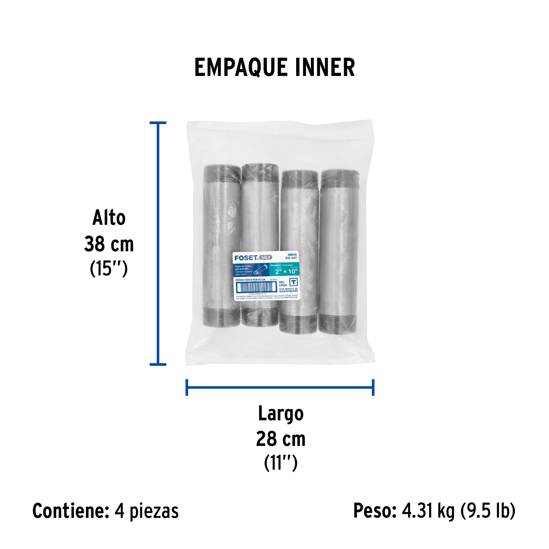 Niple, acero galvanizado, 2 x 10", cedula 40