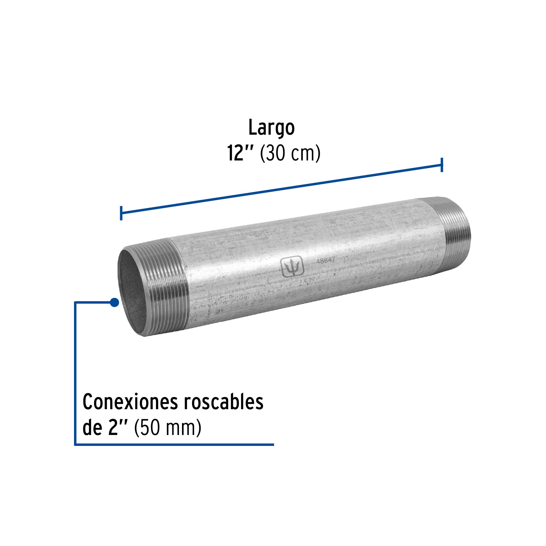 Niple, acero galvanizado, 2 x 12", cedula 40